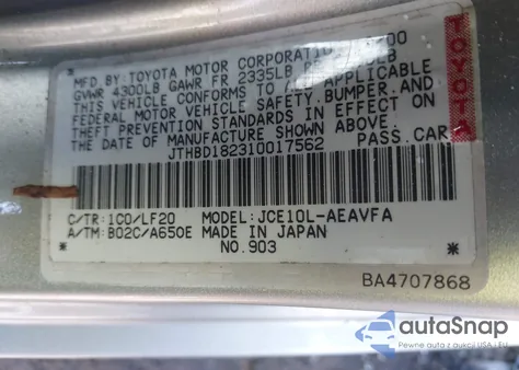 2001 Lexus Is 300 from USA, damaged, VIN JTHBD182310017562